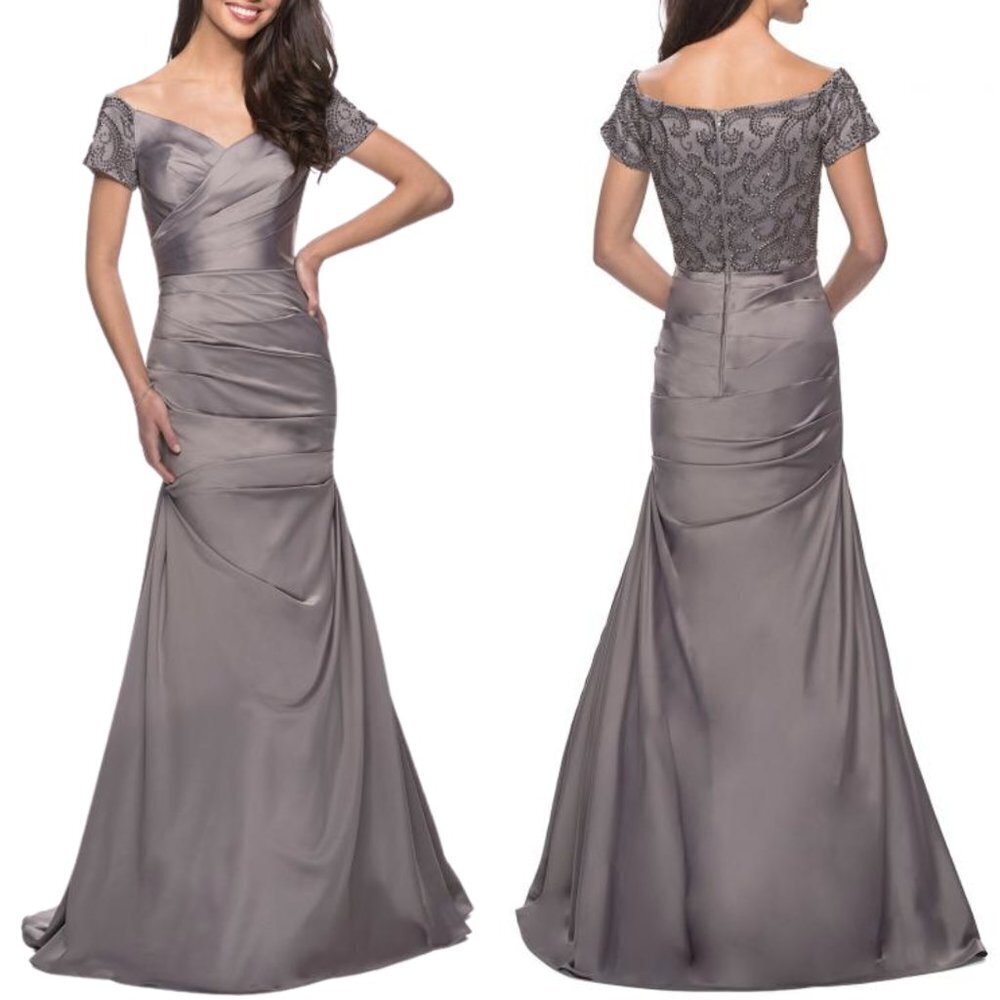 La Femme 25996 Embellished Pleated Trumpet Off Shoulder Satin Gown in Si…